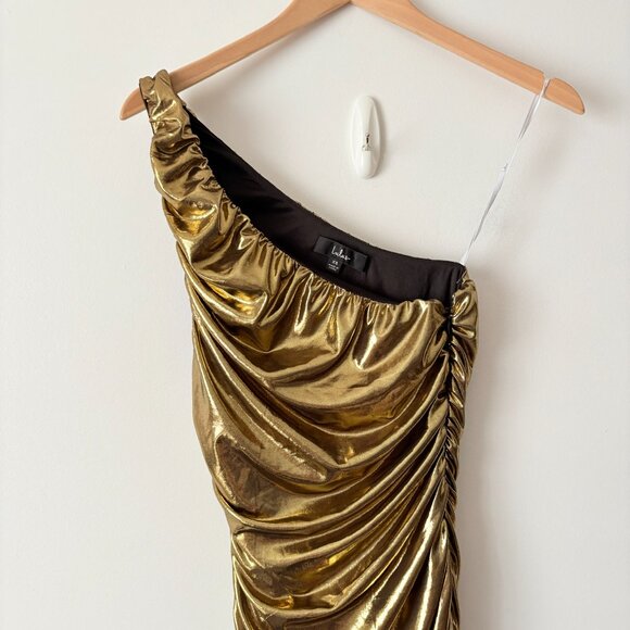 Lulus Reflections Of Style Shiny Gold One-Shoulder Bodycon Mini Dress Size XS - Picture 6 of 10